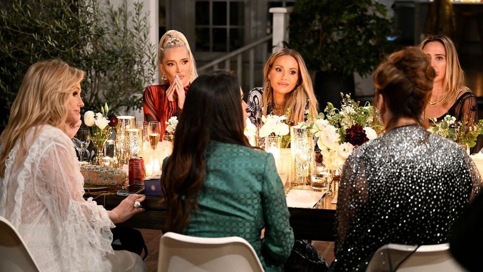 THE REAL HOUSEWIVES OF BEVERLY HILLS -- "Star Signs and Bad Times" Episode 1506 -- Pictured: (l-r) Kathy Hilton, Erika Jayne, Kyle Richards, Dorit Kemsley -- (Photo by: Griffin Nagel/Bravo)