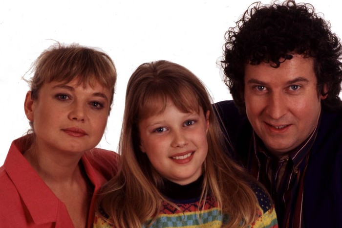 0_GEMMA-BISSIX-EASTENDERS Debbie, Clare and Nigel pose against a white background in a 90s shot from EastEnders