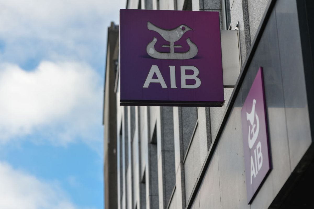 An AIB logo seen in Dublin city center during Level 5 COVID-19 lockdown.