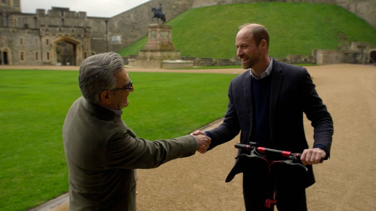 Prince William on an e-scooter meeting Eugene Levy