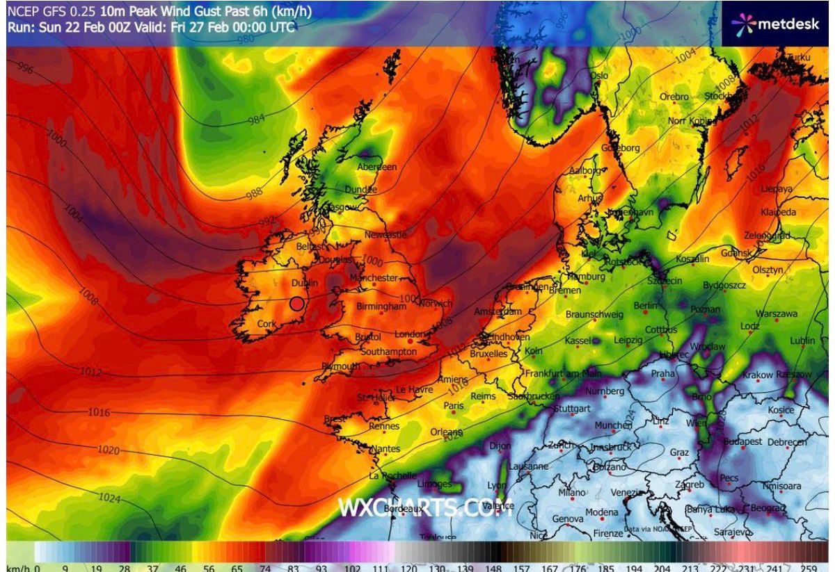 The latest ECMWF weather model shows a risk of a storm hitting Ireland on Thursday night