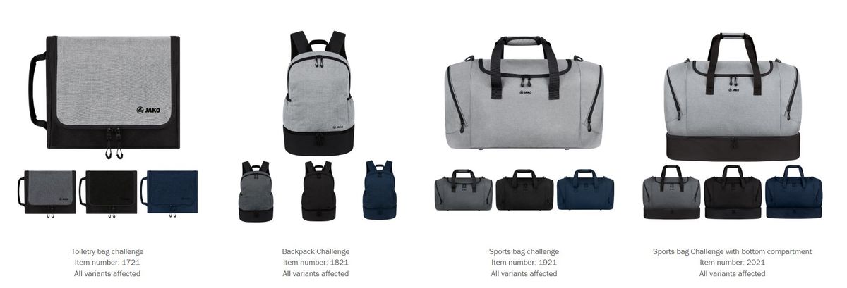 JAKO AG recalls various JAKO sports bags, personal bags and backpacks