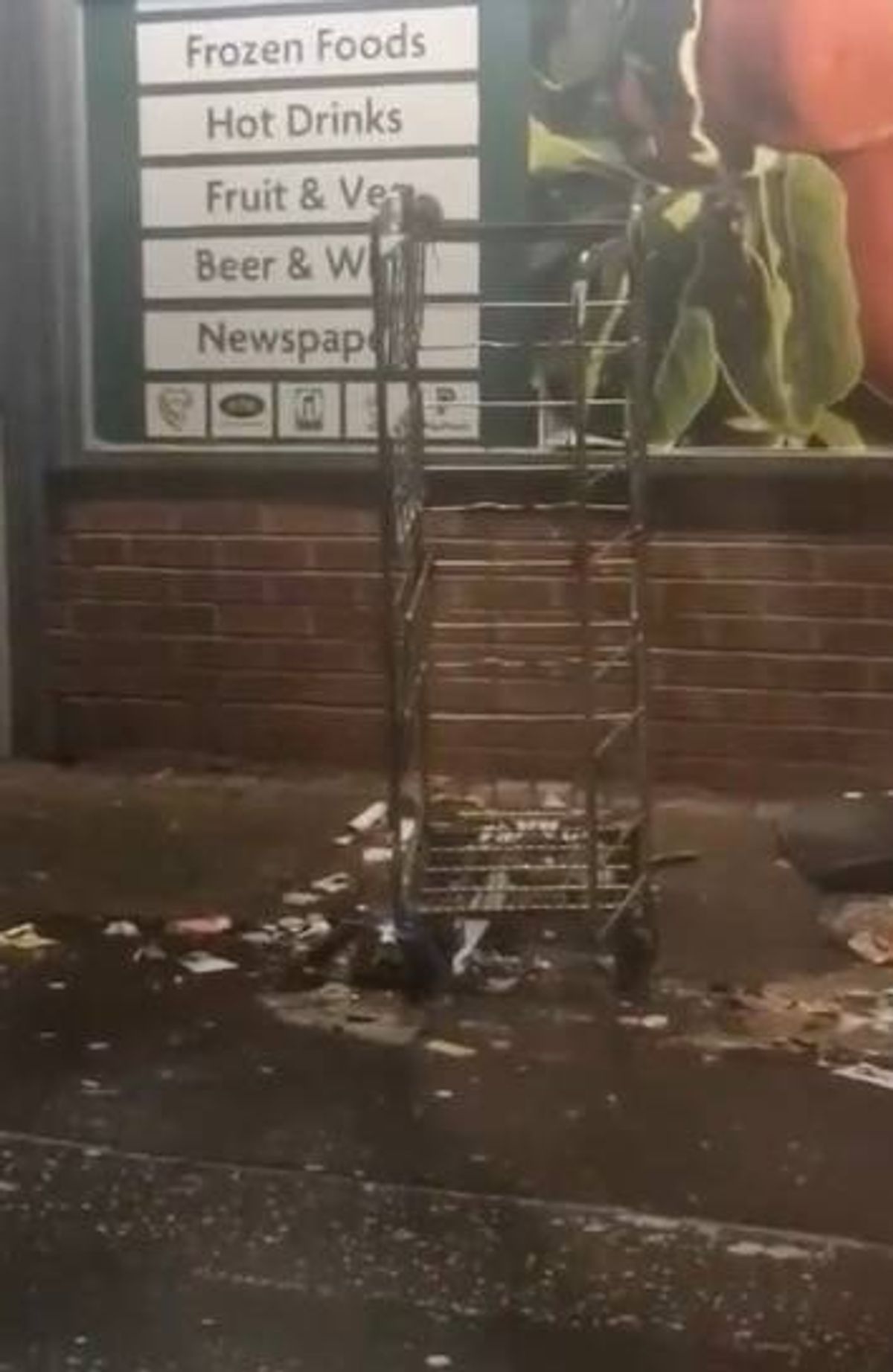 A display board showcasing a variety of food and beverage options, including frozen foods, hot drinks, fruit and vegetables, beer and wine, and newspapers. The board is mounted on a brick wall.
