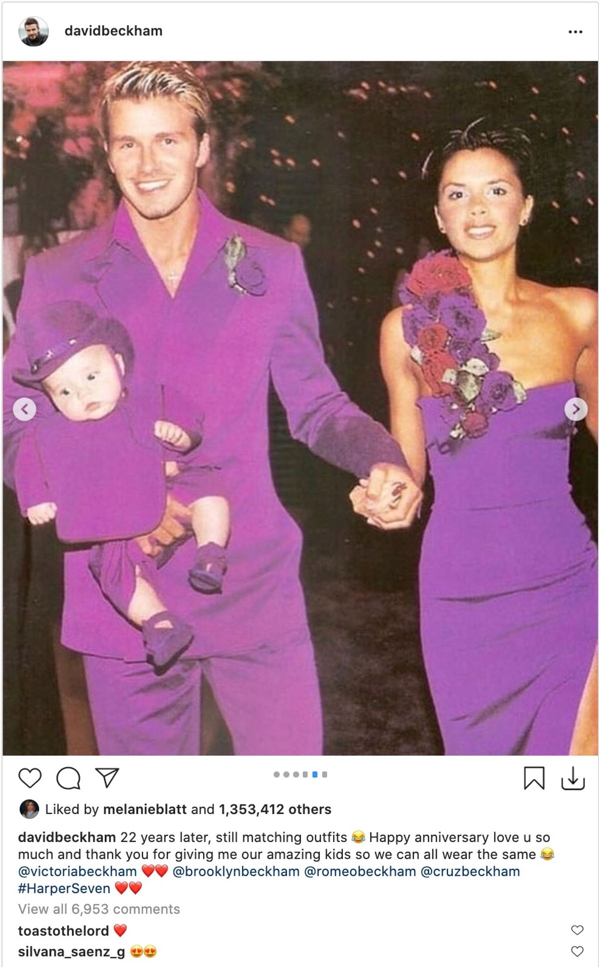 David and Victoria Beckham in matching purple outfits on their wedding day