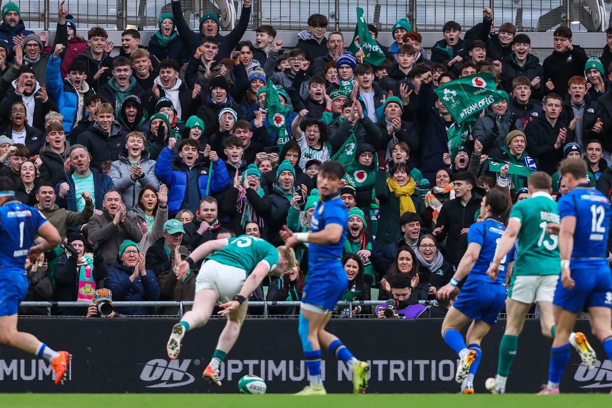 Ireland fans celebrate as Jamie Osborne scores his sides first try of the match