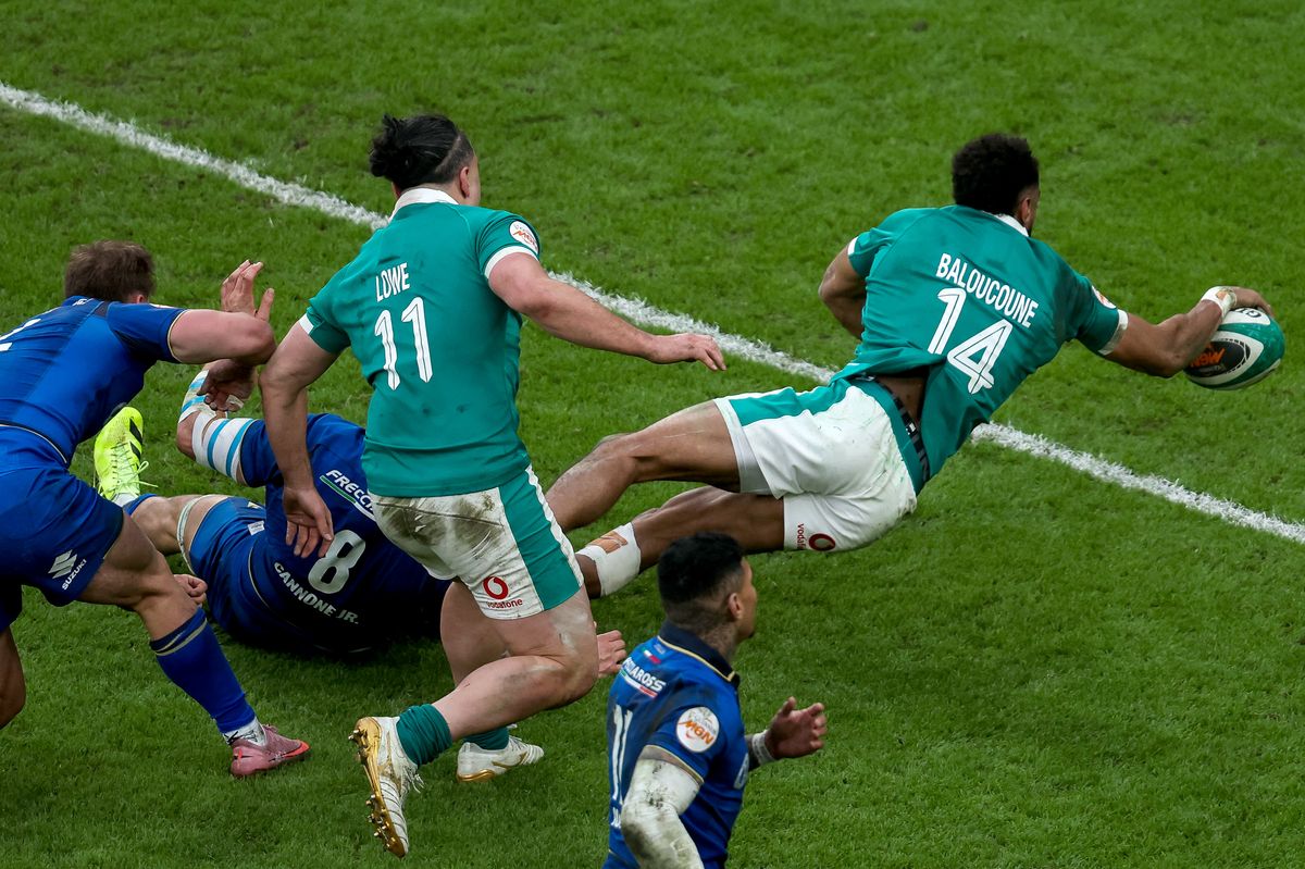 2026 Men’s Six Nations Championship Round 2, Aviva Stadium, Dublin 14/2/2026
Ireland vs Italy, Ireland's Robert Baloucoune scores his sides third try of the match despite Italy's Lorenzo Cannone