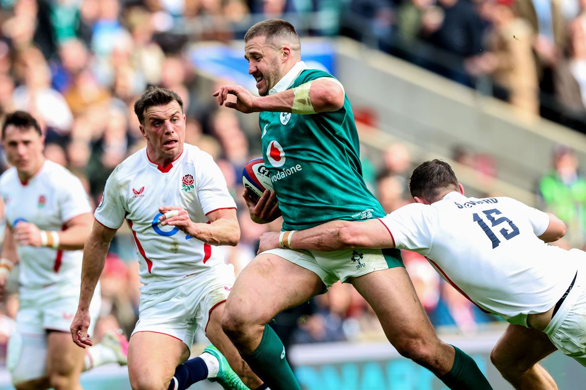 England vs Ireland  - Freddie Steward tackles Ireland's Stuart McCloskey 