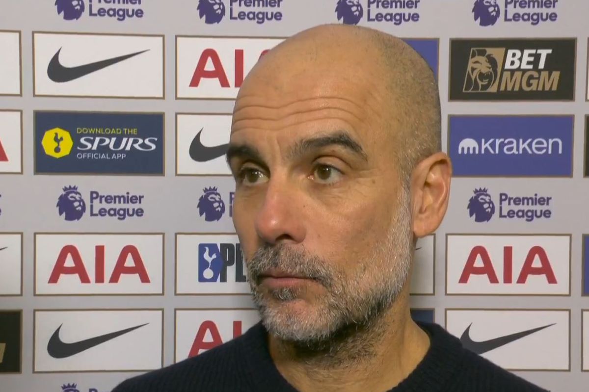 Pep Guardiola speaks in a post-match interview