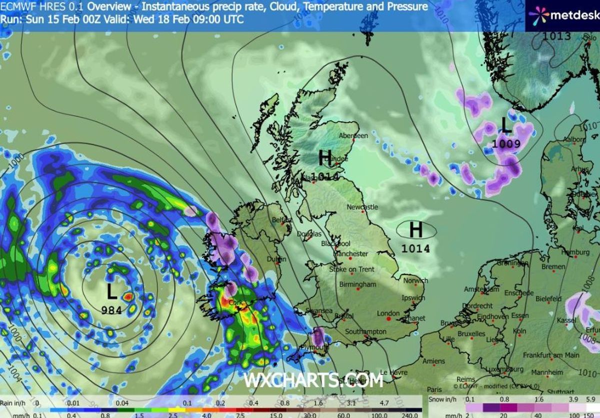 Weather models signal a low pressure system moving north east on Wednesday, bringing snow to some areas