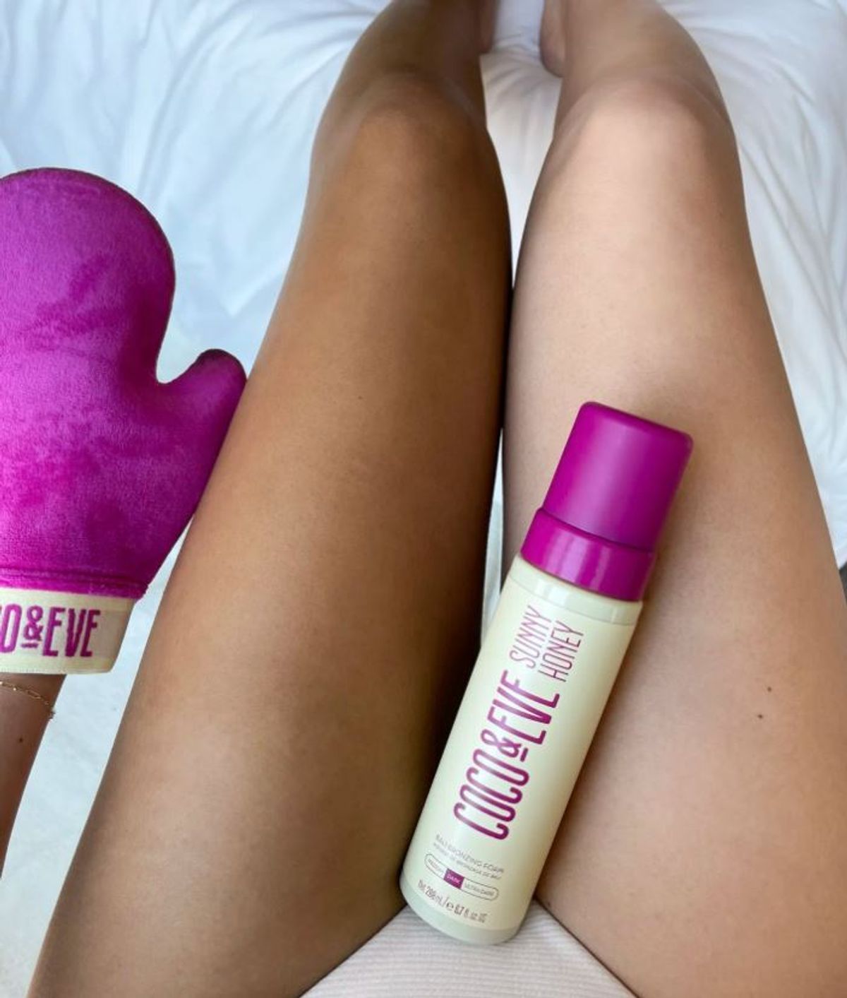 Before and after results from the  Sunny Honey Bali Bronzing Foam by Coco & Eve