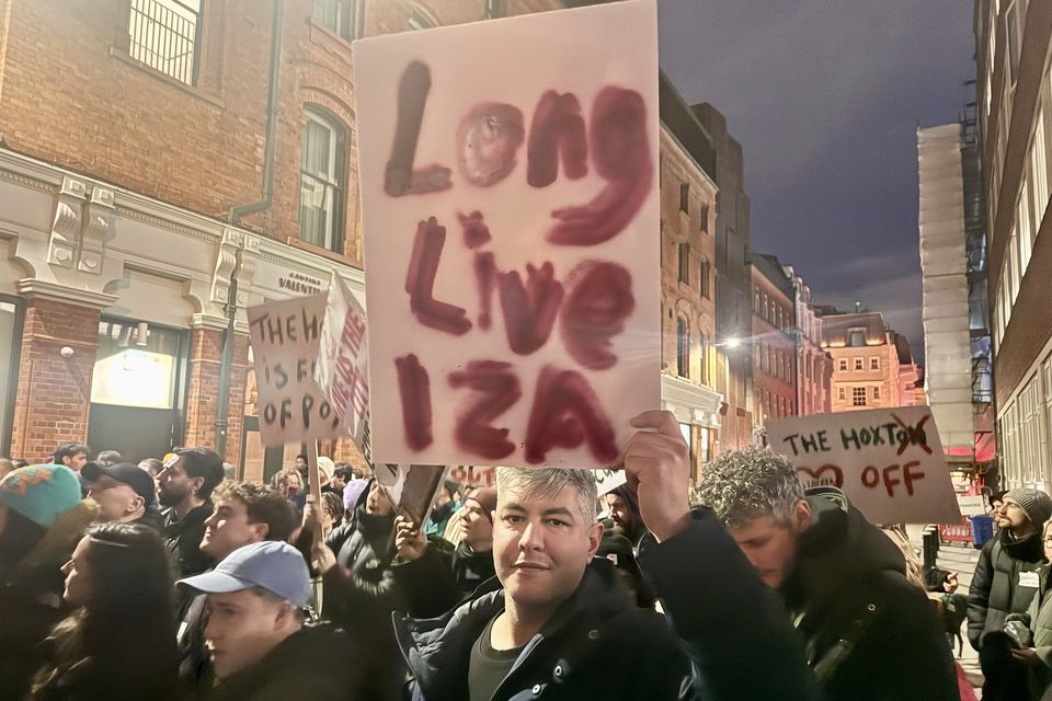 Protesters outside the Hoxton Hotel on Exchequer Street Dublin (Bairbre Holmes/PA)