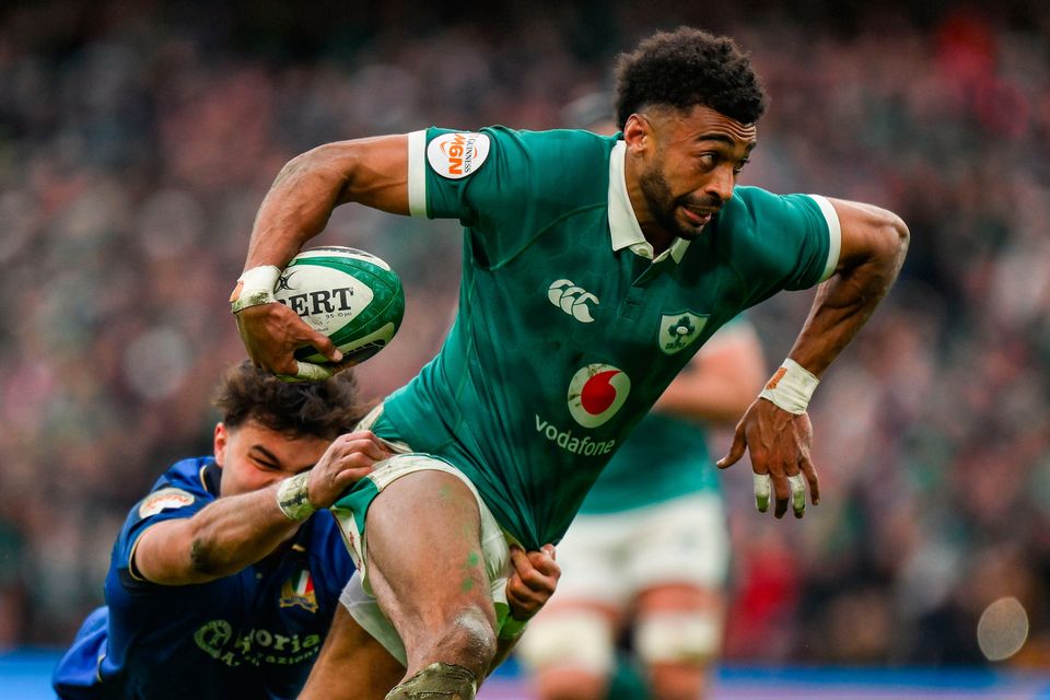 Robert Baloucoune of Ireland in action against Lorenzo Pani of Italy during the Six Nations match at the Aviva Stadium. Photo: Brendan Moran/Sportsfile