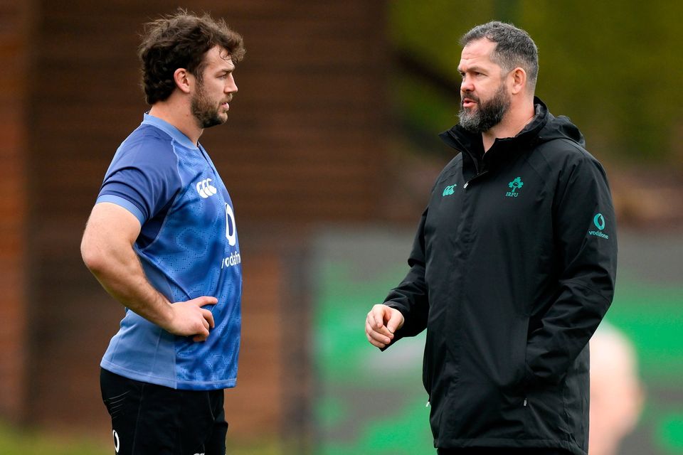 Ireland captain Caelan Doris (left) with head coach Andy Farrell during an Ireland squad training session in Quinto da Lago, Portugal. Photo: Brendan Moran/Sportsfile