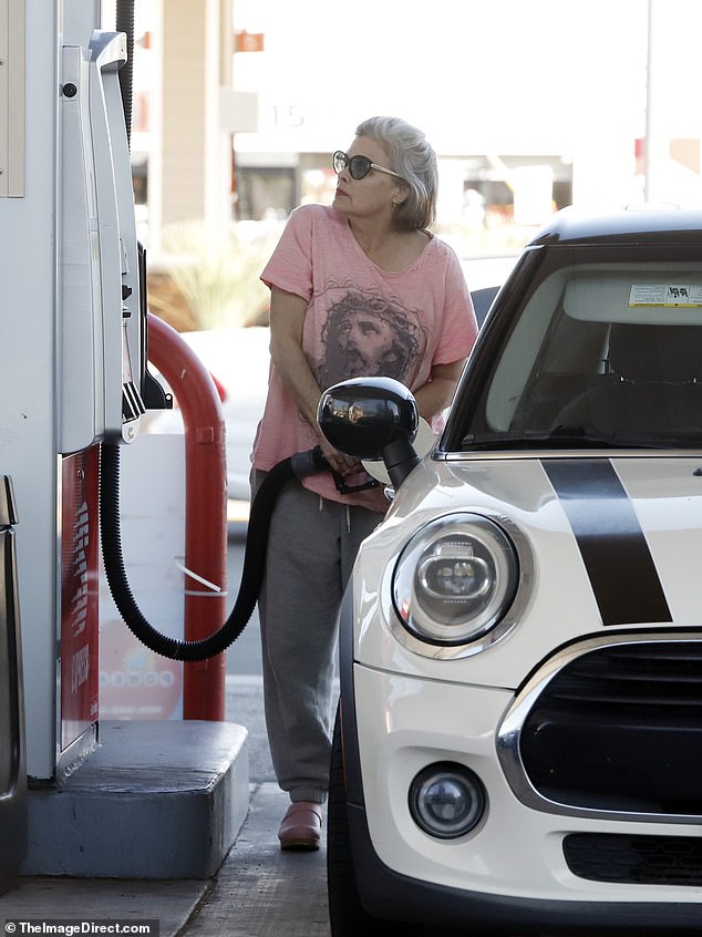 Fenn also wore her hair clipped back and oversized sunglasses to shield herself from the harsh California sun, later swinging by a gas station to top up her white-and-black Mini Cooper