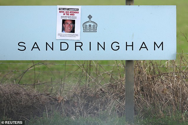 Another poster featuring the former Prince has been installed on a sign leading to the parking area of the Sandringham Estate
