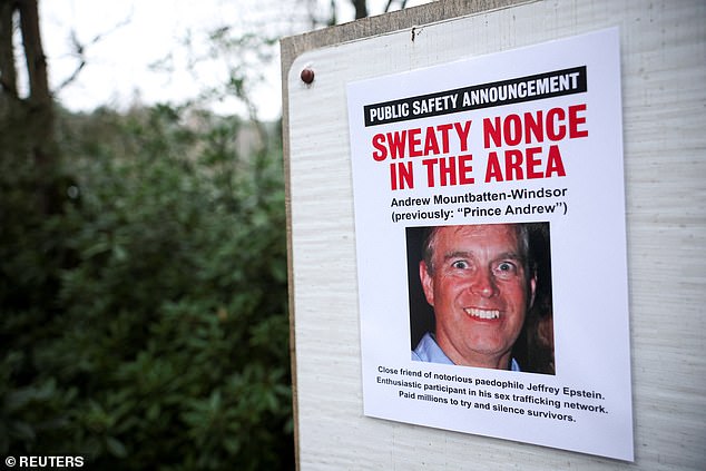 The posters warn of Andrew's presence 'in the area' alongside his picture and claims about his links to Epstein