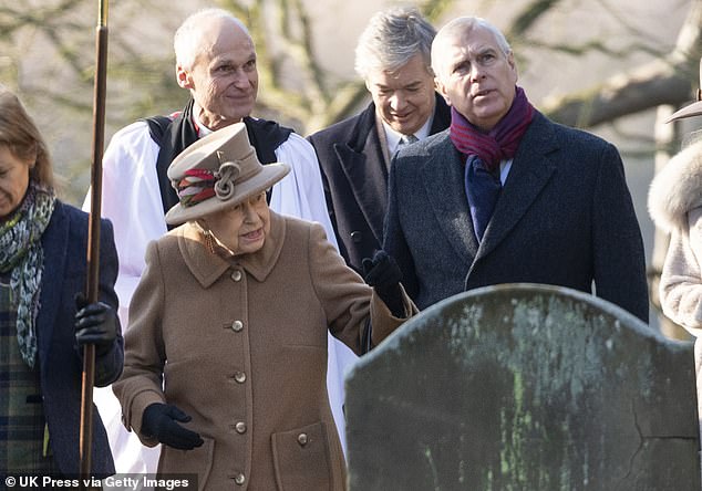 The late Queen Elizabeth II and Andrew Mountbatten-Windsor attend Sunday Service at St Peter's Church in Wolferton on January 20, 2019