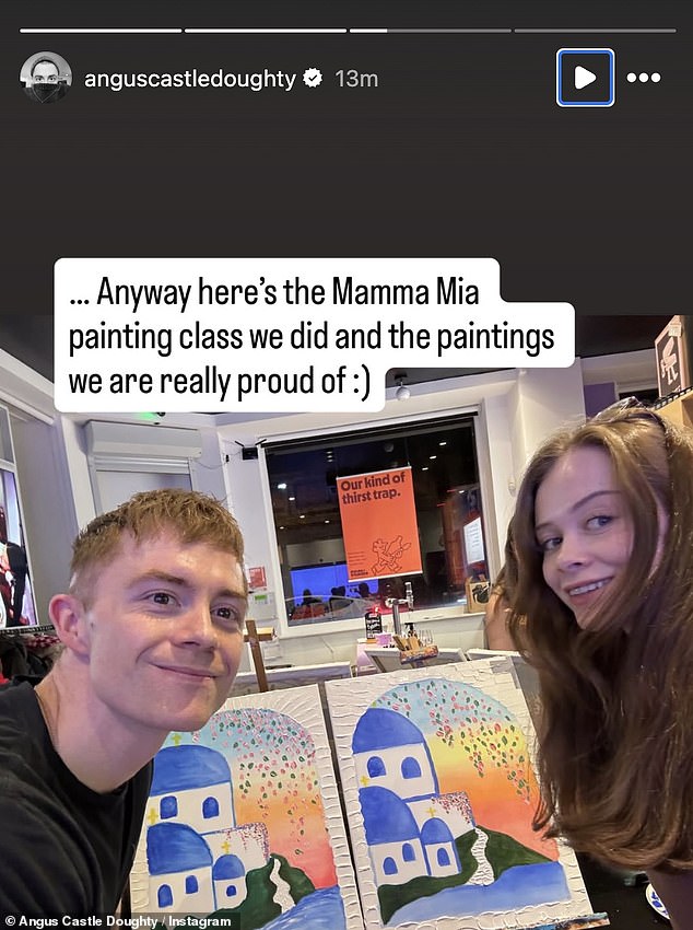 Now, Angus has taken to his Instagram Story to share a sweet selfie of the pair during a Mamma Mia-themed painting date. Beaming for the camera, the loved-up couple proudly showed off their Greek-inspired artwork