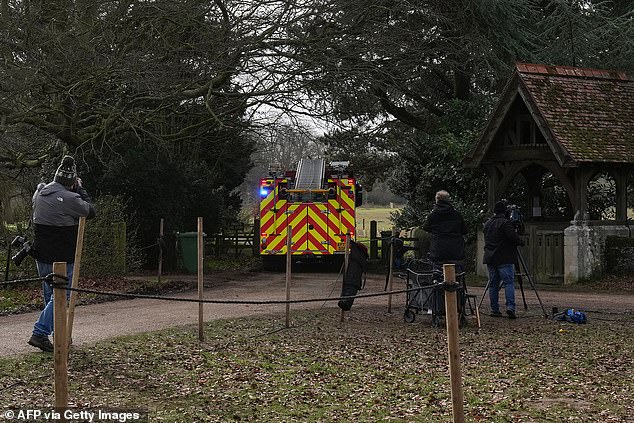 Fire crews with blue lights on scrambled to an entrance near Wood Farm, where Andrew has been living since he was forced out of his 30-room Royal Lodge mansion in Windsor