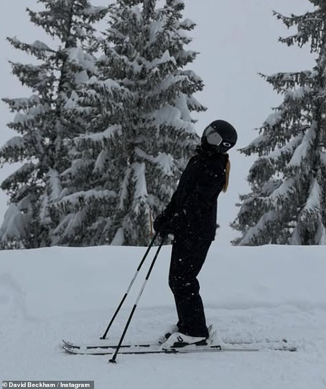 Teenager Harper looked stylish as she hit the slopes in an all black snowsuit complete with a matching helmet and Oakley goggles