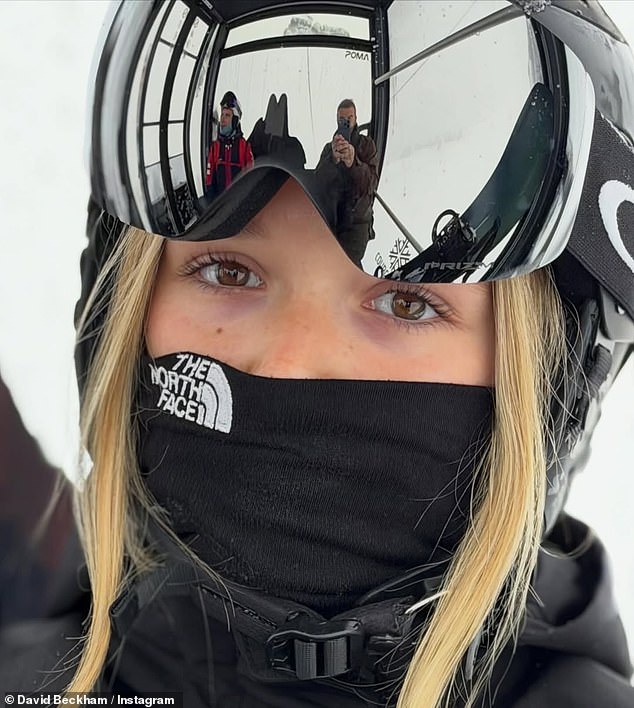 Harper stunned in a North Face base neck warmer as she posed for a snap in a gondola
