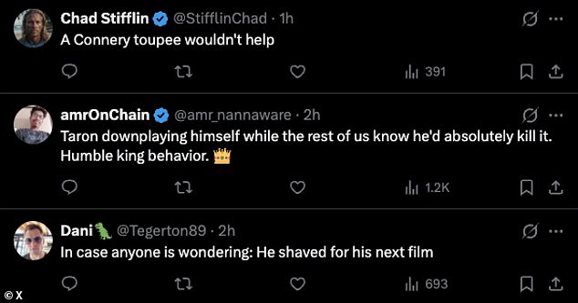 The actor's humility was subsequently praised by fans after the exchange was posted on social media, but others were more preoccupied with Egerton's lack of hair