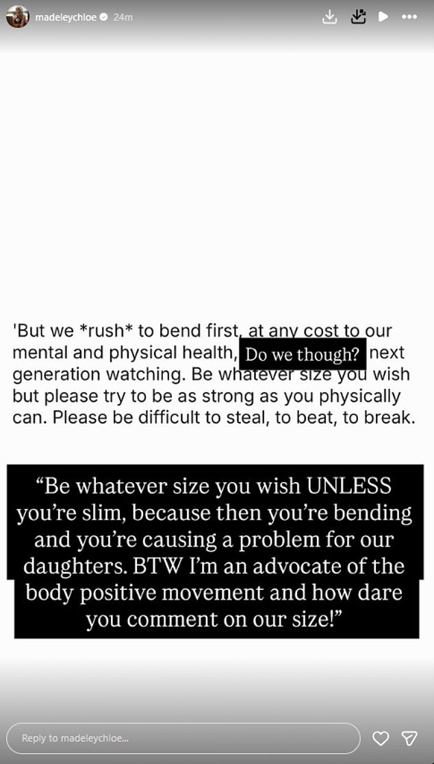 Chloe's then shared her criticism of Jameela's quote about women 'bending' themselves 'at any cost to their mental and physical health'