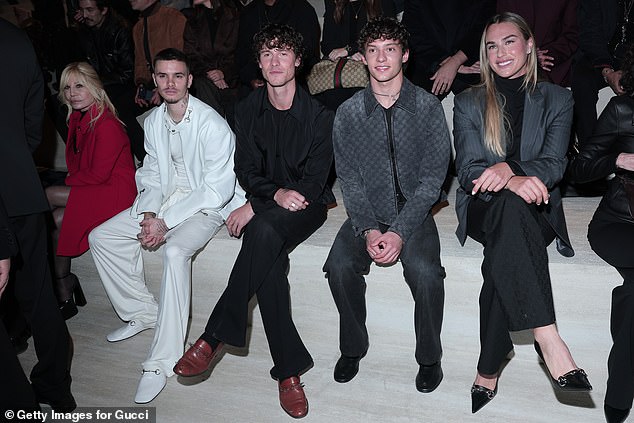 The son of David and Victoria Beckham enjoyed the show in the FROW, where he was sat alongside Shawn Mendes, Andrea Kimi Antonelli and Aryna Sabalenka