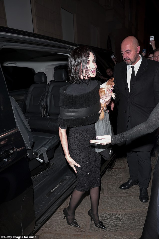 Demi Moore, 63, who revealed her short new haircut earlier in the day, wore a black dress for the evening and appeared to leave her Chihuahua at the hotel