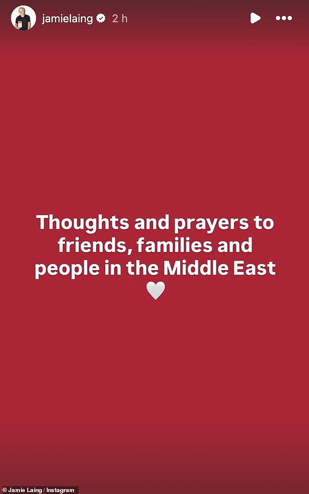 Ahead of Jamie and Sophie's appearance at the event, he wrote on his Instagram Story: 'Thoughts and prayers to friends, families and people in the Middle East'
