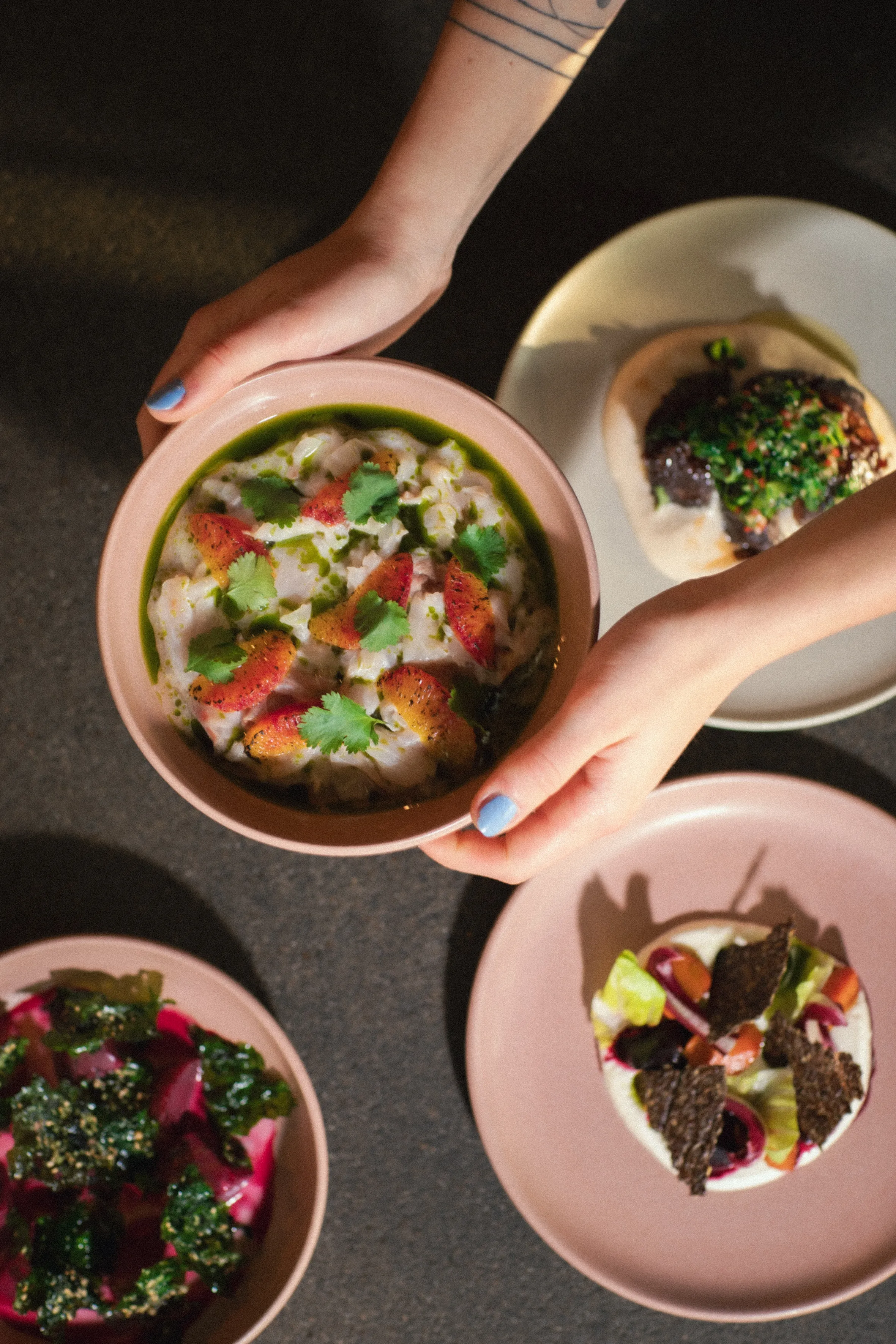 Hands holding a bowl of ceviche with citrus and cilantro.
