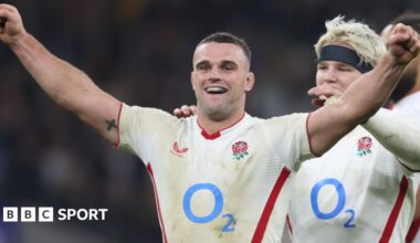 This image features players from the England national rugby union team - Alex Mitchell, Tommy Freeman, Immanuel Feyi-Waboso and Ben Earl