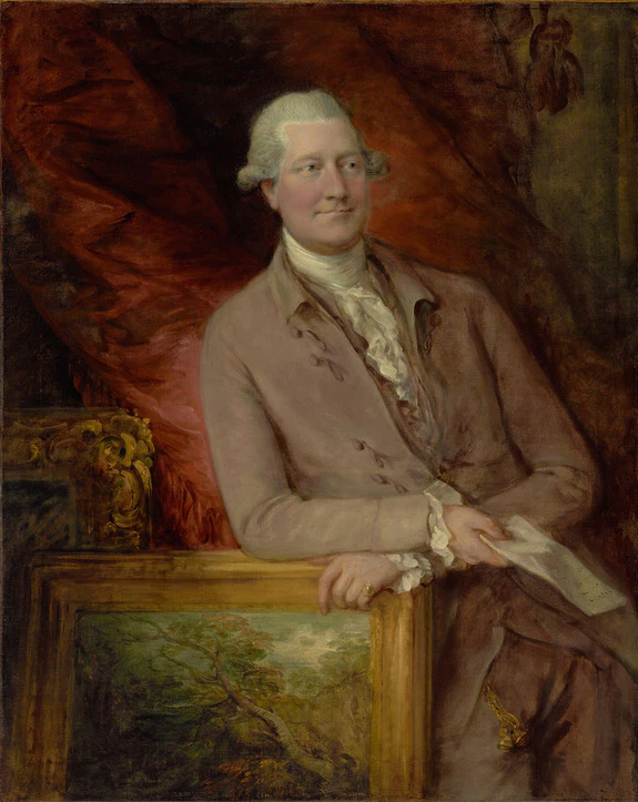 A man in 18th-century attire leans on a framed painting, holding a letter, set against a rich, draped background.