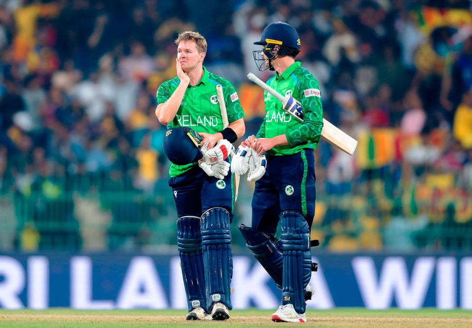 Matthew Humphreys, left, and Barry McCarthy of Ireland react after losing the ICC Men's T20 World Cup group stage match against Sri Lanka in Colombo, Sri Lanka. Photo by Sportsfile