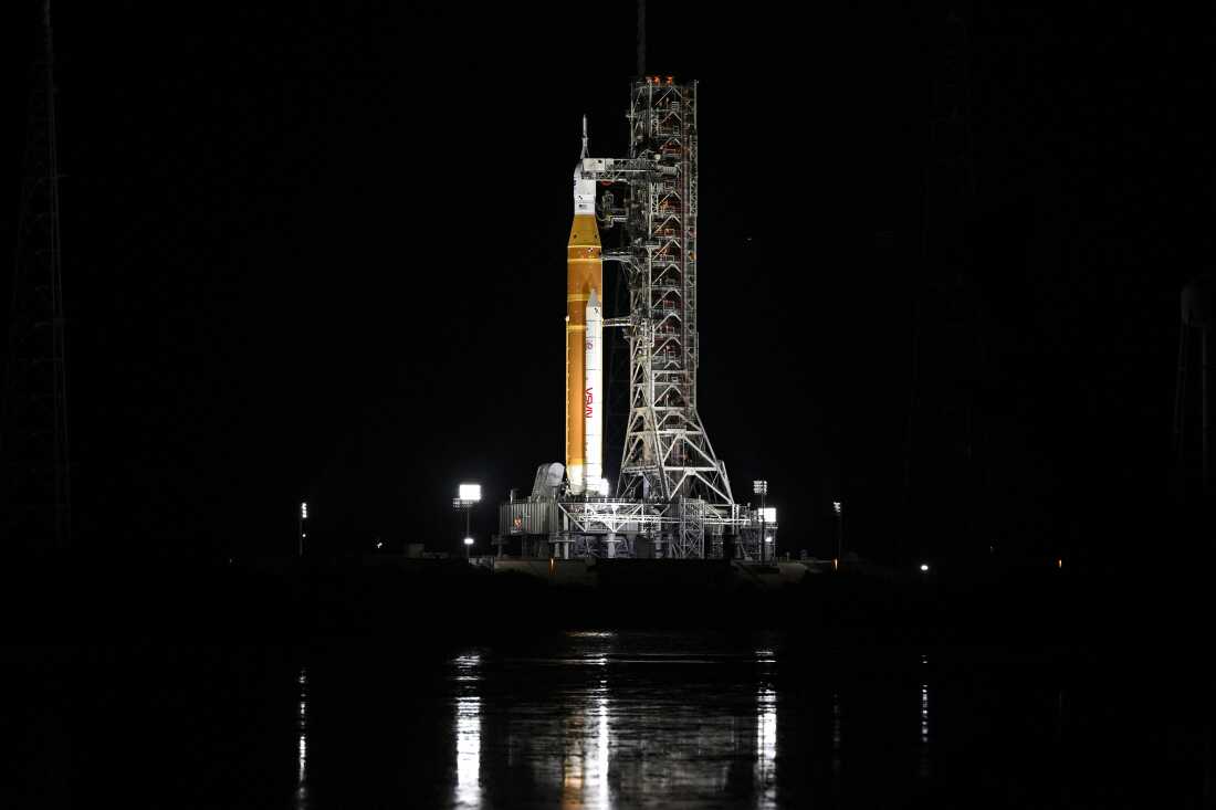 The Space Launch System (SLS) rocket and the Orion spacecraft are seen at the Kennedy Space Center in Cape Canaveral, Fla., on Sunday.