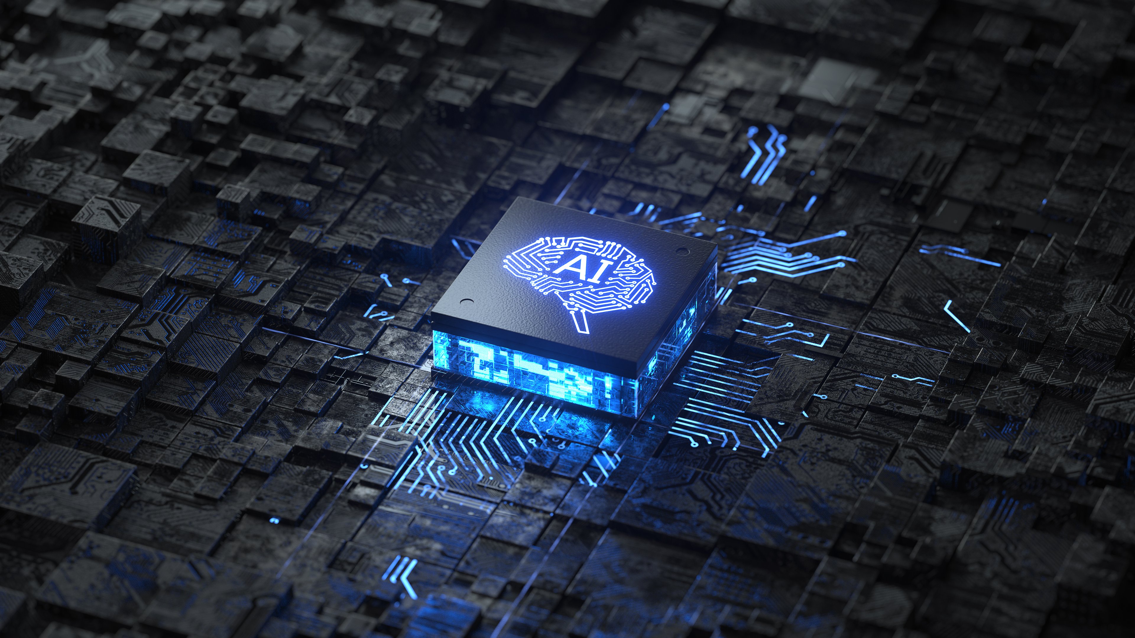 An AI chip on a circuit board with a brain icon on it.