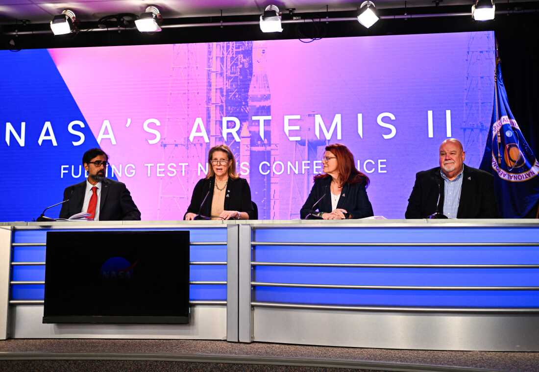 (L/R) NASA Associate Administrator Amit Kshatriya, NASA Associate Administrator Lori Glaze, launch director Charlie Blackwell-Thompson, and manager of NASA's Space Launch System Program, John Honeycutt, hold a news conference on the Artemis II mission at Kennedy Space Center in Cape Canaveral, Fla., on Tuesday.