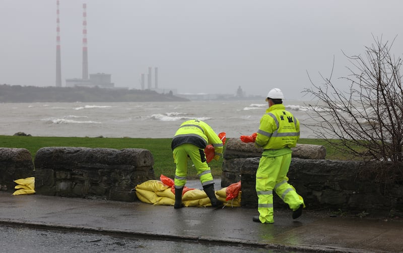 Sandymount strand in South Co Dublin where barriers were erected and sandbags located to combat the high tides on Tuesday and guard against flooding in the area. Photograph: Bryan O’Brien
