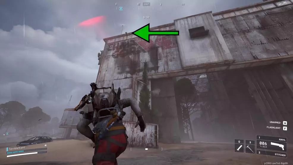 An enemy raider taking pot shots from a roof in ARC Raiders.