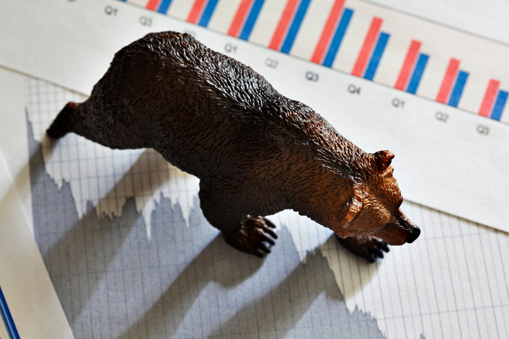 A bear figurine walks across a stock price chart.