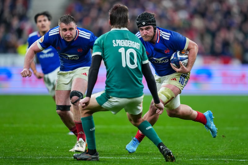 France's Lenni Nouchi faces down Ireland's Sam Prendergast during last week's Six Nations opener in Paris. Photograph: Franco Arland/Getty Images