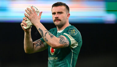 23 November 2024; Mack Hansen of Ireland after the Autumn Nations Series match between Ireland and Fiji at the Aviva Stadium in Dublin. Photo by Shauna Clinton/Sportsfile