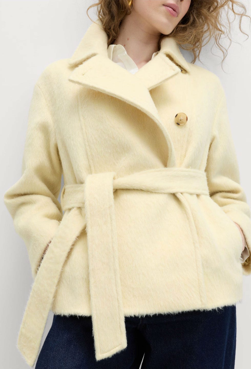 Brushed Belted Collared Short Coat with Wool Brushed Belted Collared Short Coat with Wool