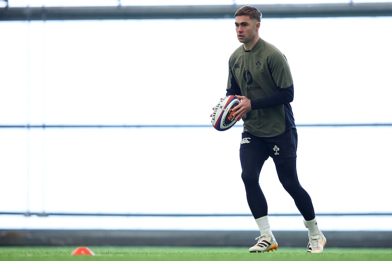 Jack Crowley during an Ireland training session on Tuesday. Photograph: Ben Brady/Inpho