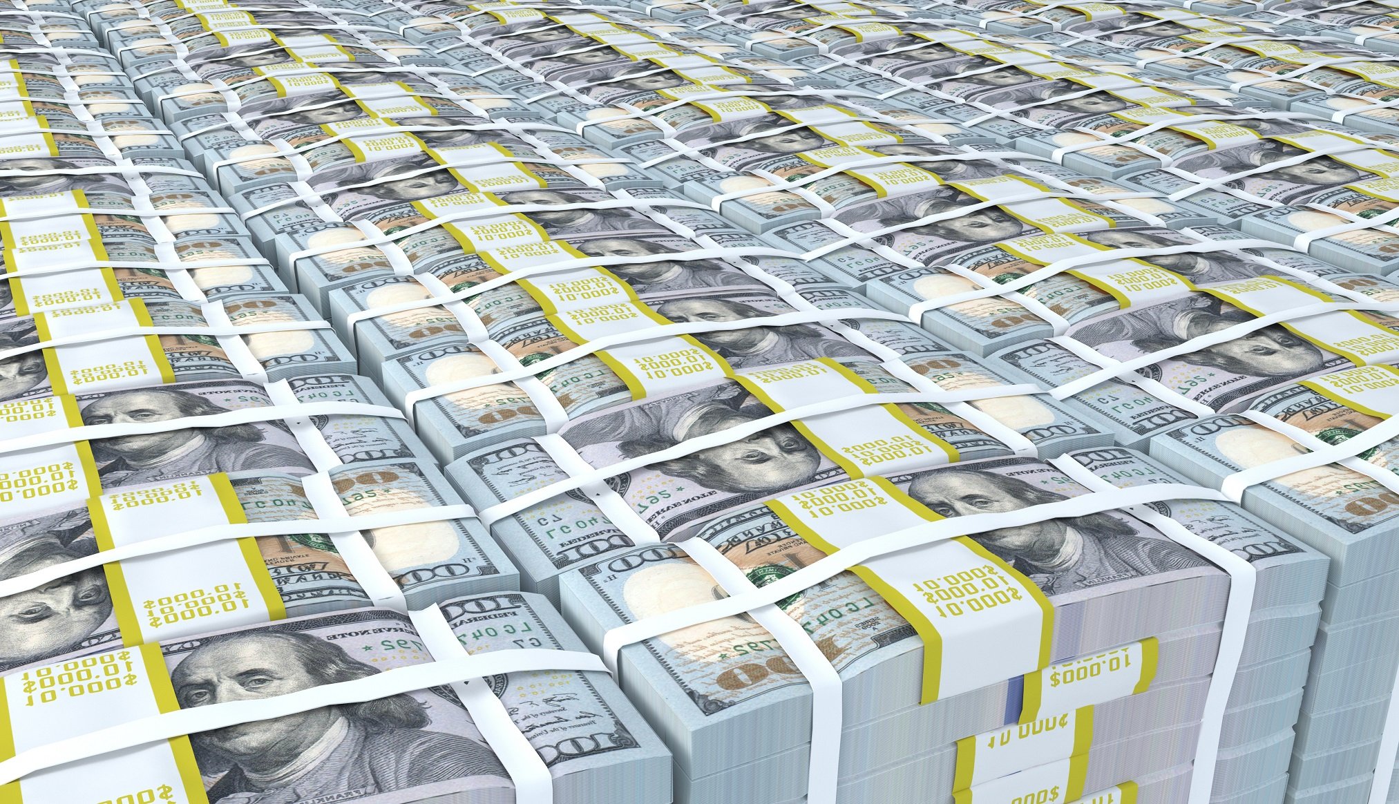 Piles of $100 bills bound into bricks.