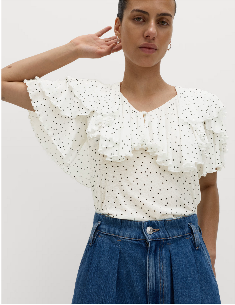 Polka Dot Ruffle V-Neck Top
