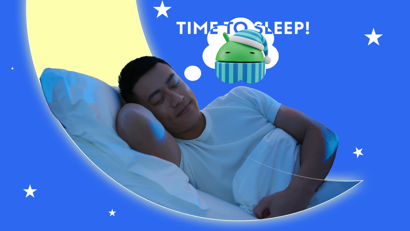 Man sleeping on a crescent moon dreaming of the Android mascot, captioned 'Time to Sleep!'