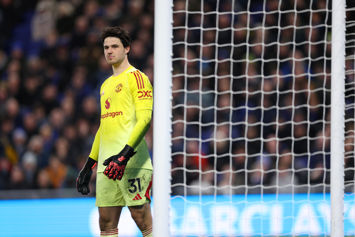 Senne Lammens looks on while in action vs Everton.