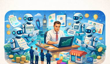 Small business owner utilizing AI technology on a laptop to enhance operations and improve efficiency in a modern office s...