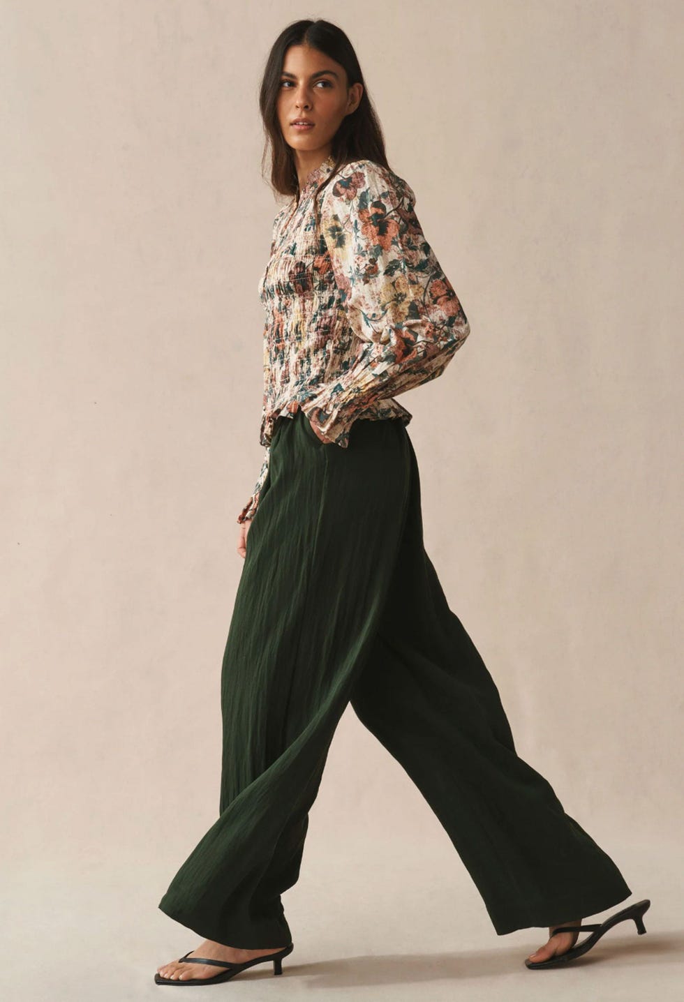 Multi Vintage Floral Print Smocked Button Front Long Sleeve Blouse